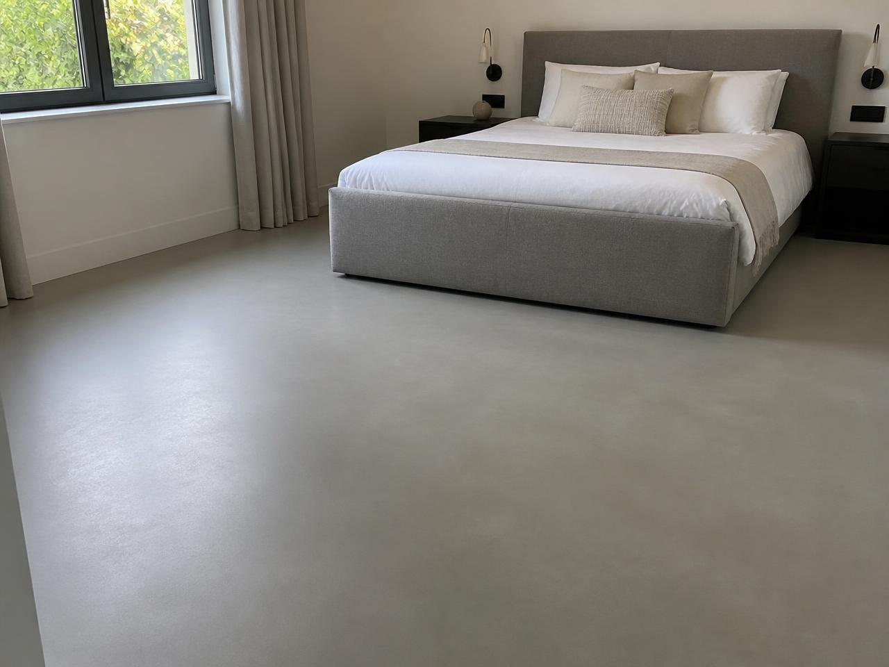 Grey Larch Wood Effect Porcelain Plank Floor Tiles 200x1200mm laid in a bedroom, installed in 200x1200mm
